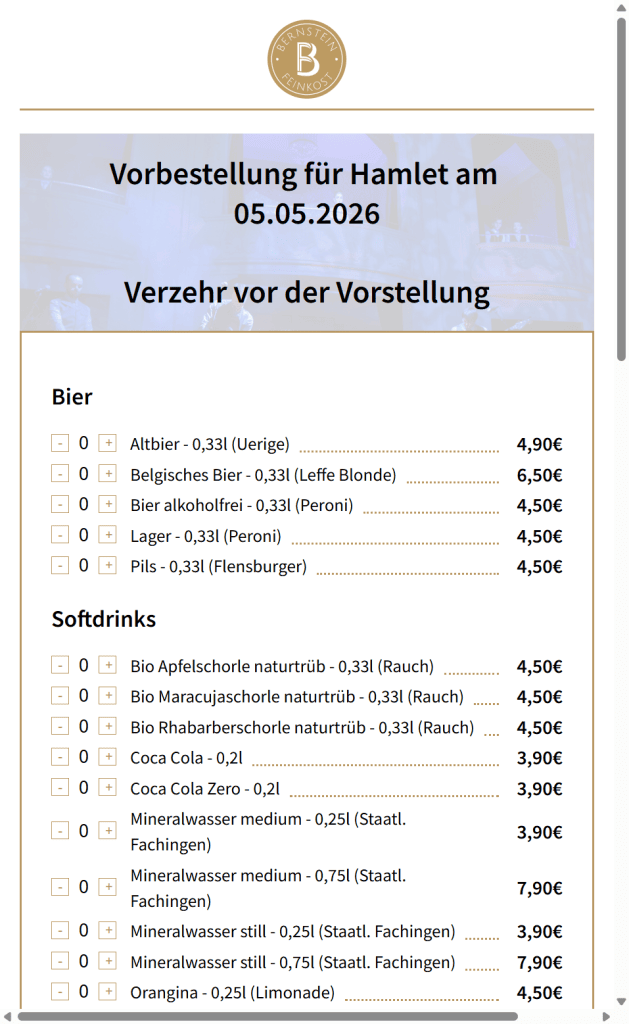 Speisen- und Getränkeauswahl mit Zuordnung zur passenden Vorstellungsphase