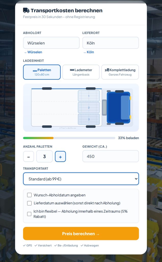 Transport-Konfigurator mit visueller Ladeflächen-Auswahl und Festpreis in 30 Sekunden