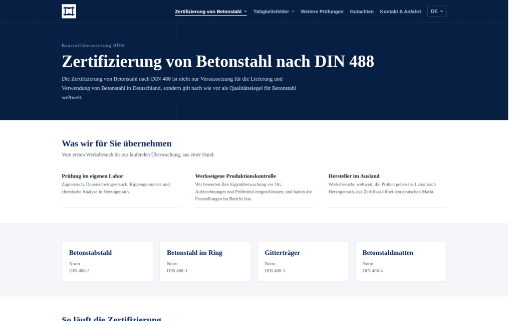 Eine Zertifizierungsseite mit Ankern je Produkt, Begriffe exakt nach DIN 488